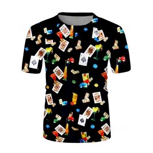 

Poker Card Cocktail Print Crew Neck Casual T Shirt, Multi