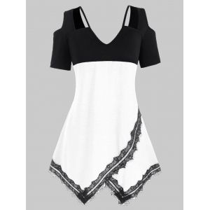 

Plus Size Cold Shoulder Eyelash Lace Cutout T Shirt, White