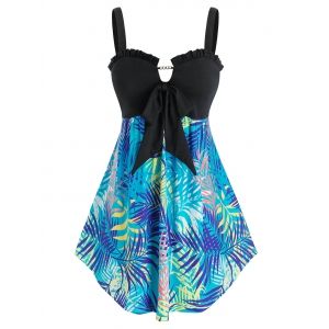 

Plus Size Palm Print Bowknot Tank Top, Black