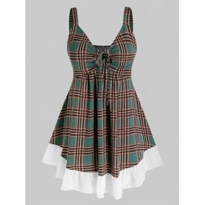 

Plus Size Plaid Flounce Grommet Lace Up Tie Tank Top, Medium aquamarine