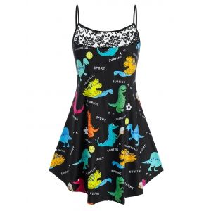 

Plus Size Dinosaur Print Lace Insert Tank Top, Black