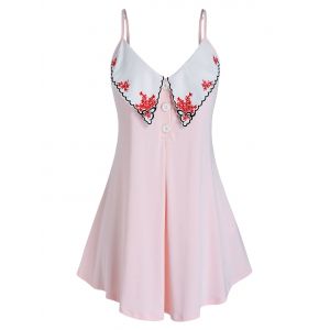 

Plus Size Scalloped Embroidered Placket Tunic Cami Top, Pig pink