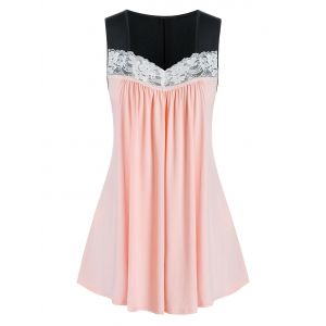 

Plus Size Lace Panel Sweetheart Neck Tunic Ruched Tank Top, Pink