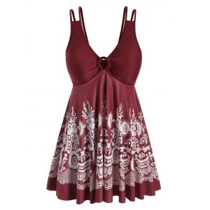 

Plus Size Printed O Rings Skirted Tankini Swimwear, Red wine