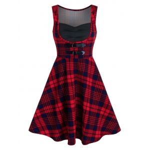 

Tartan Print Dual Buckle Sleeveless Vintage Dress, Red wine