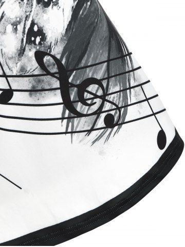 

Skew Neck Feather Musical Note Print Butterfly Sleeve T-shirt, Black