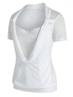 Plus Size Cowl Front Marled Lace Embellished T Shirt - WHITE - L