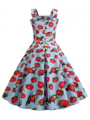 

Polka Dot Strawberry A Line Vintage Dress, Light blue