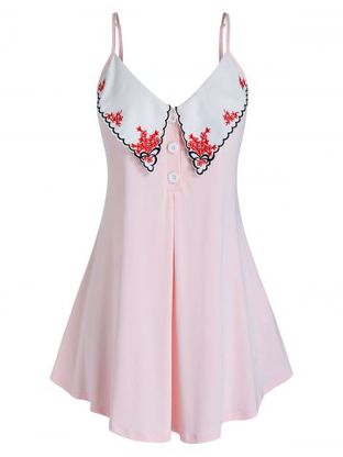 Plus Size Scalloped Embroidered Placket Tunic Cami Top