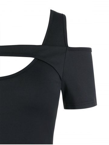 

Pure Color Cold Shoulder Keyhole T Shirt, Black