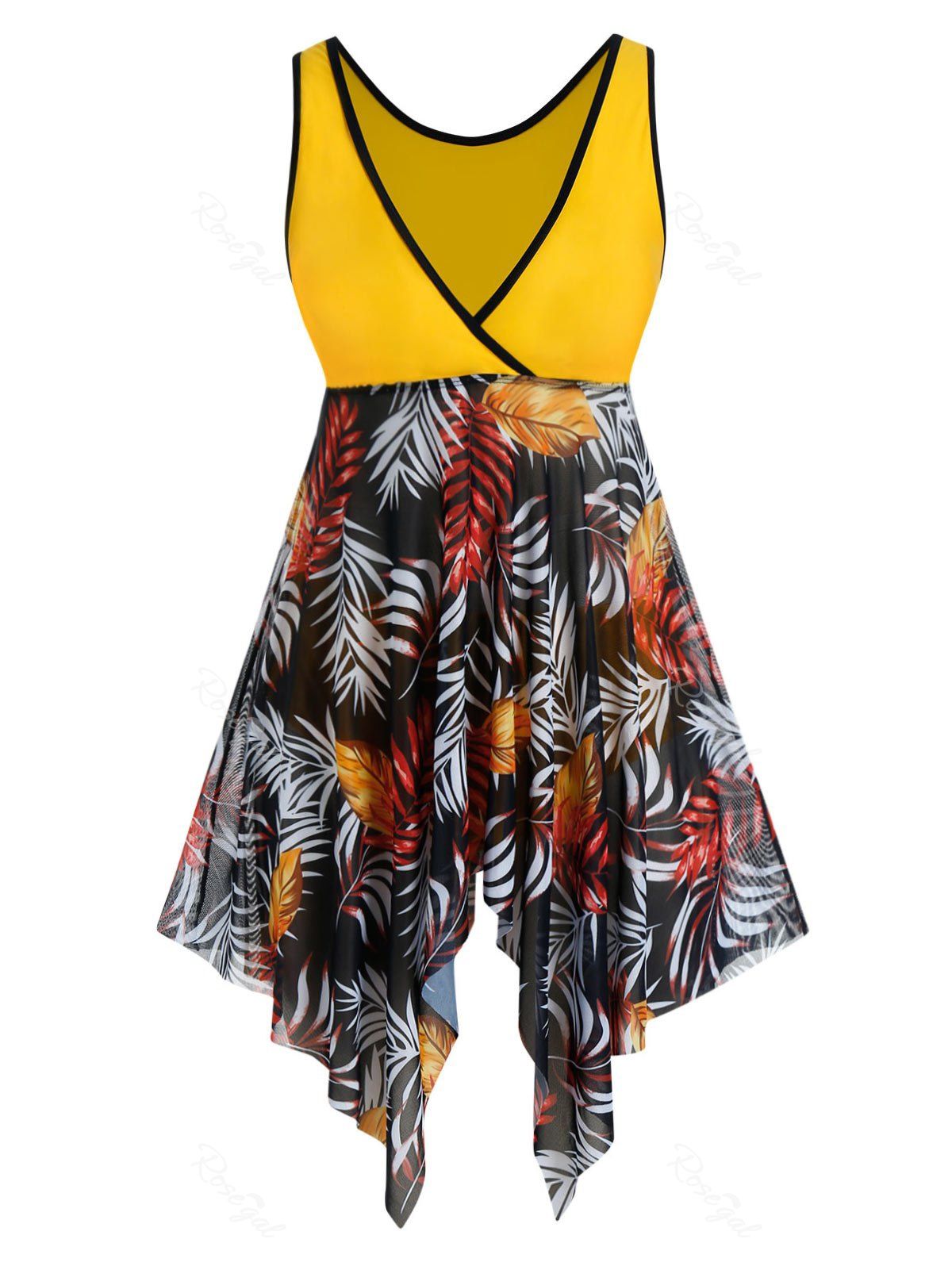 

Plus Size Handkerchief Leaf Print Binding Mesh Tankini Swimwear, Goldenrod