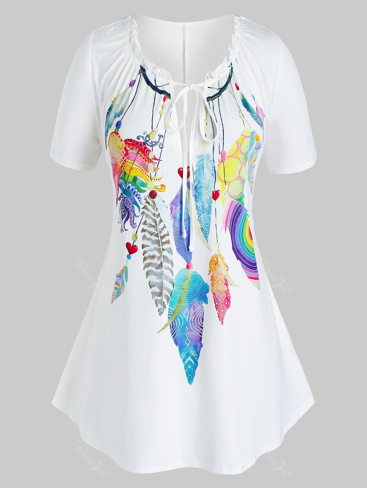 

Plus Size Tie Front Feather Print Keyhole T Shirt, White