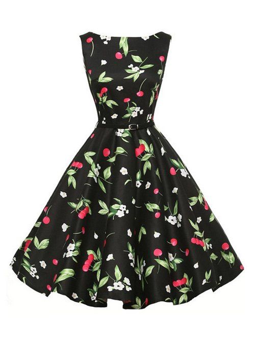 

Belted Floral Cherry Print Sleeveless Dress, Black