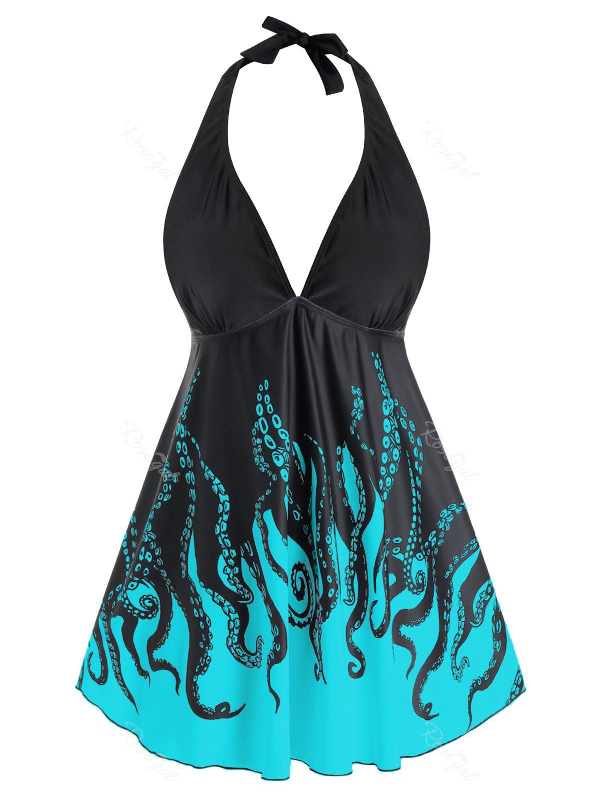 

Plus Size Low Cut Galaxy Octopus Print Backless Tankini Swimwear, Blue