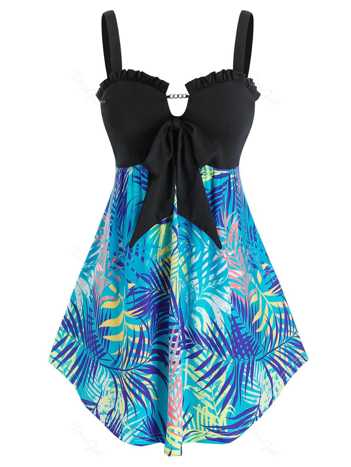 

Plus Size Palm Print Bowknot Tank Top, Black