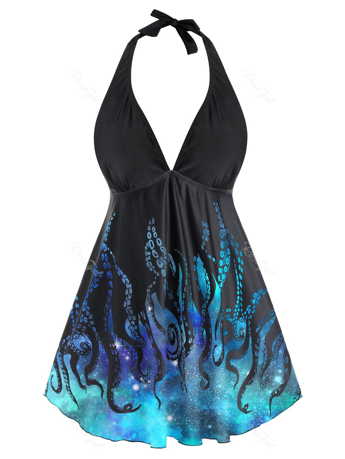 

Plus Size Low Cut Galaxy Octopus Print Backless Tankini Swimwear, Light blue