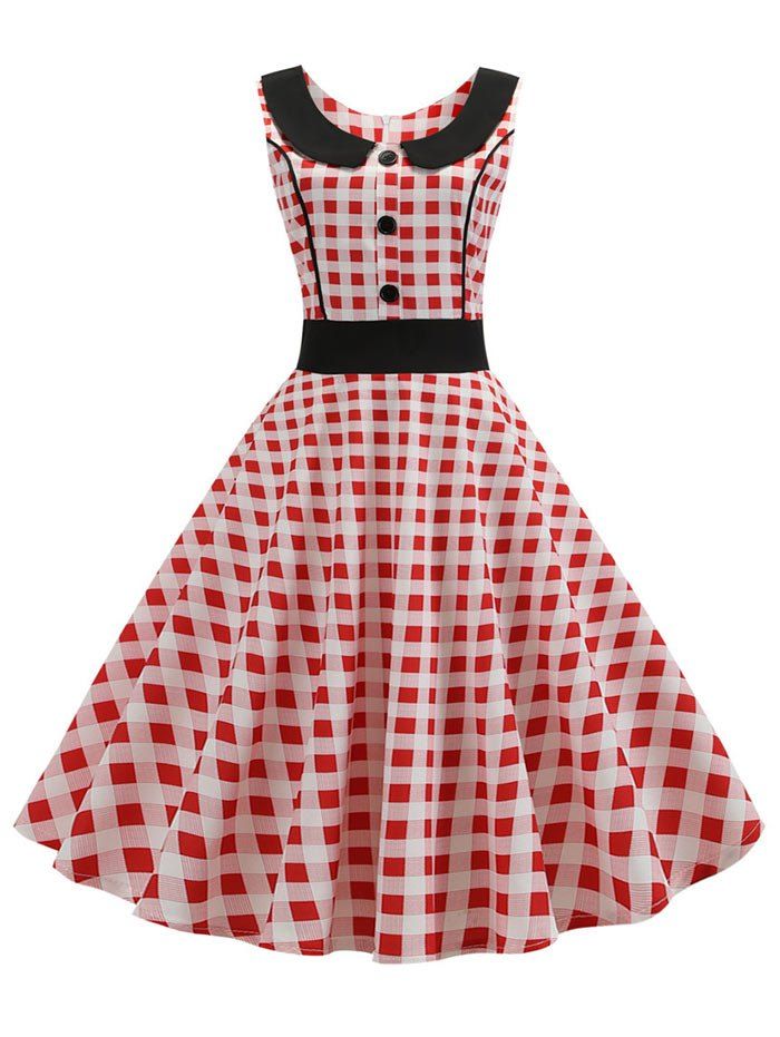 

Checkered Button Embellished High Waisted Dress, Red