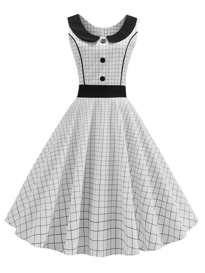 

Checkered Button Embellished High Waisted Dress, White