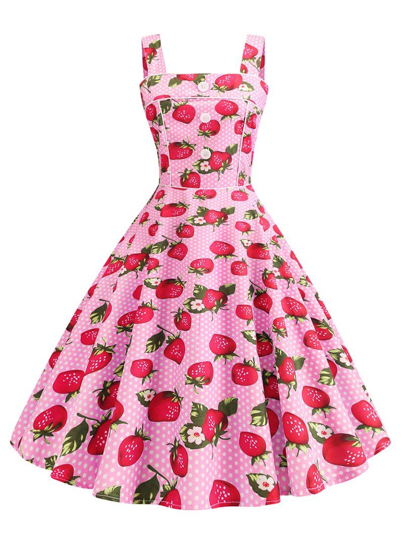 

Polka Dot Strawberry A Line Vintage Dress, Light pink