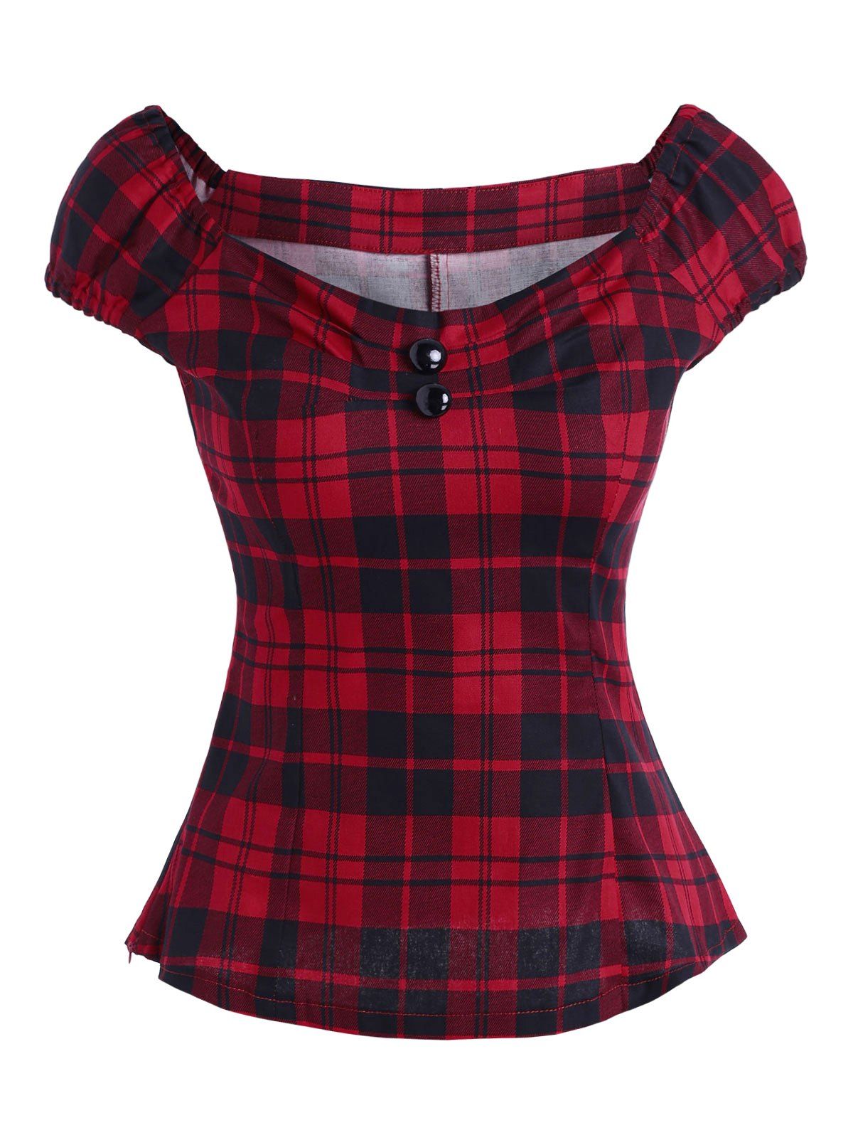 

Slash Collar Plaid Buttoned Blouse, Red