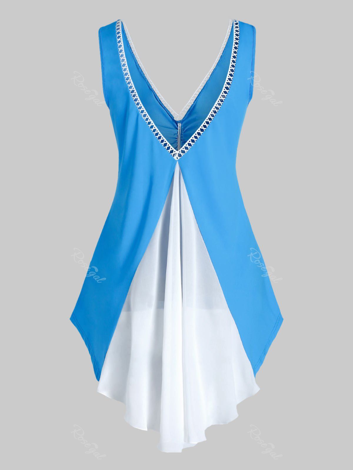 

Double V Neck Crochet Trim Asymmetrical Tank Top, Dodger blue