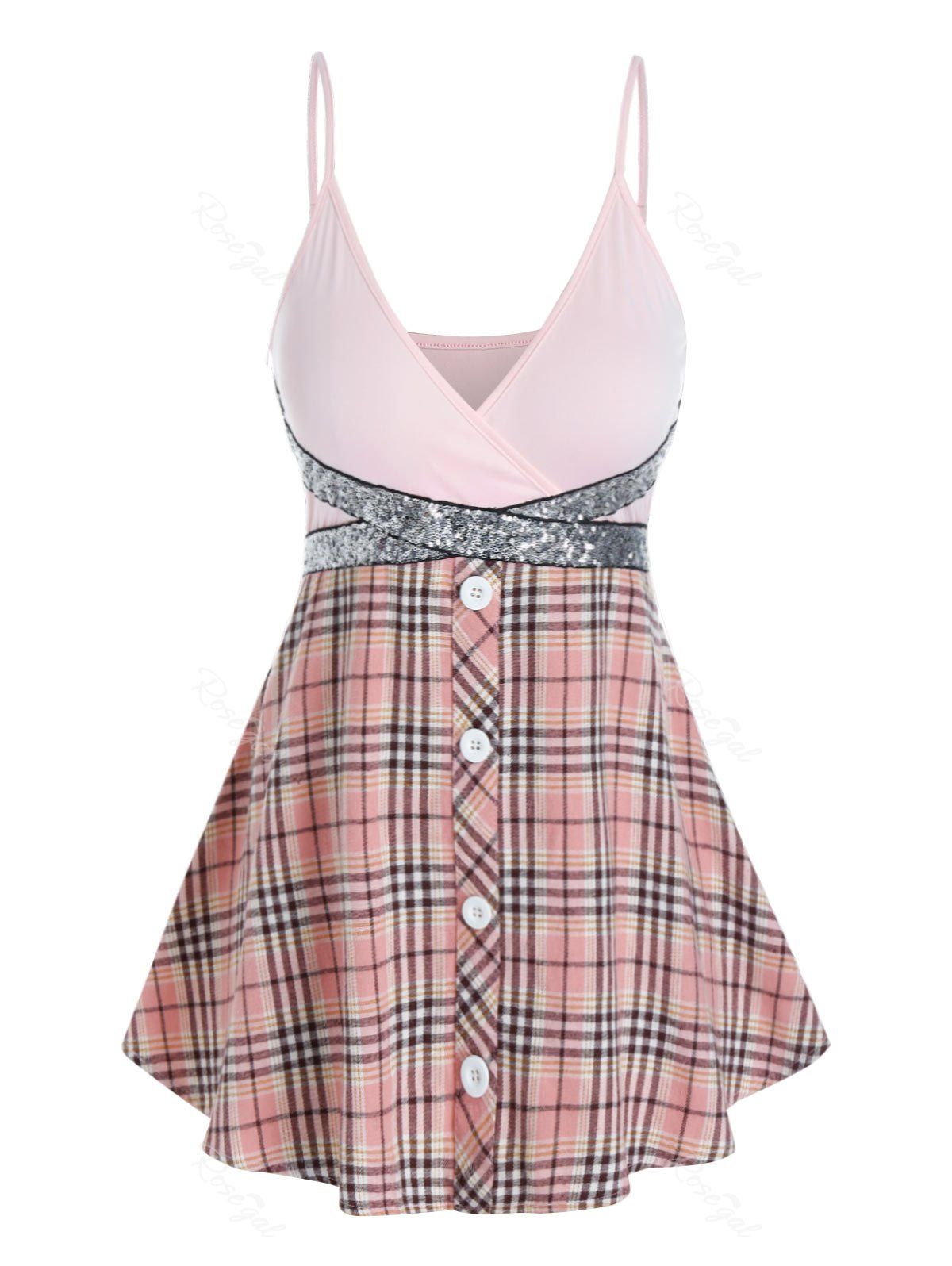 

Plus Size Plaid Sparkly Sequined Surplice Backless Cami Top, Pink