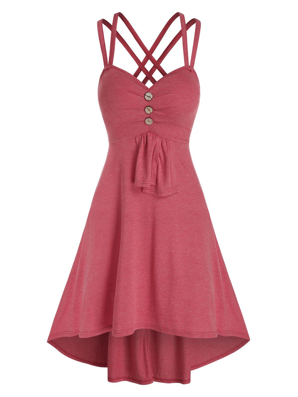 

Mock Button Strappy High Low Dress, Cherry red