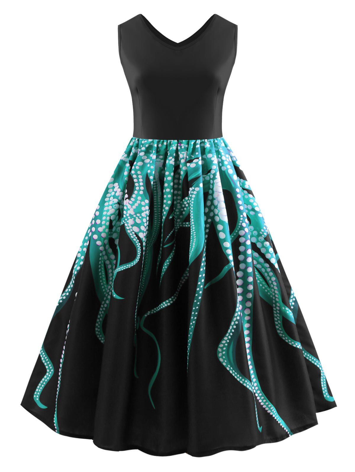 

Dual V Neck Octopus Print A Line Dress, Blue