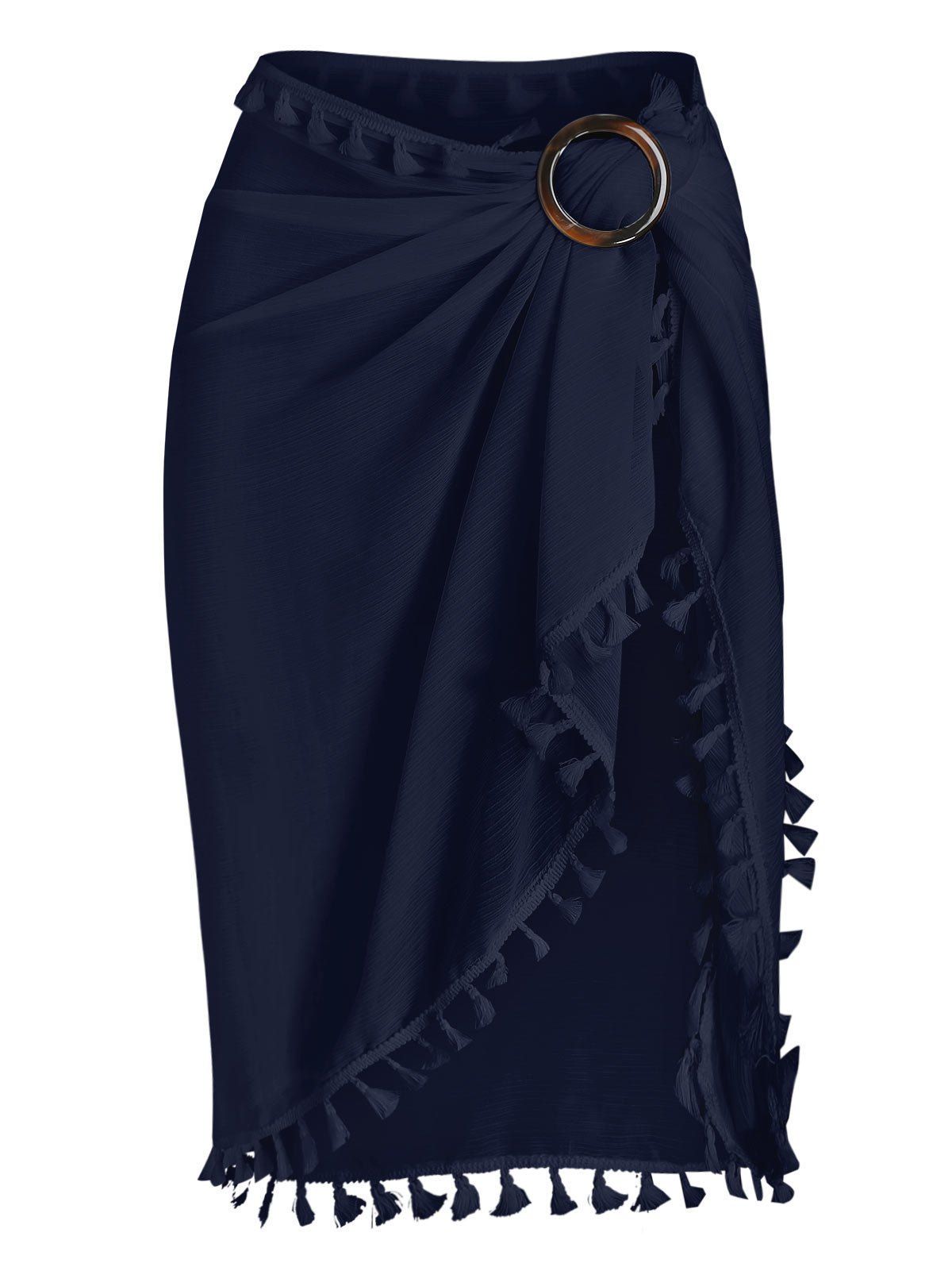 

Tassel Sheer Wrap Cover Up Sarong Skirt, Deep blue