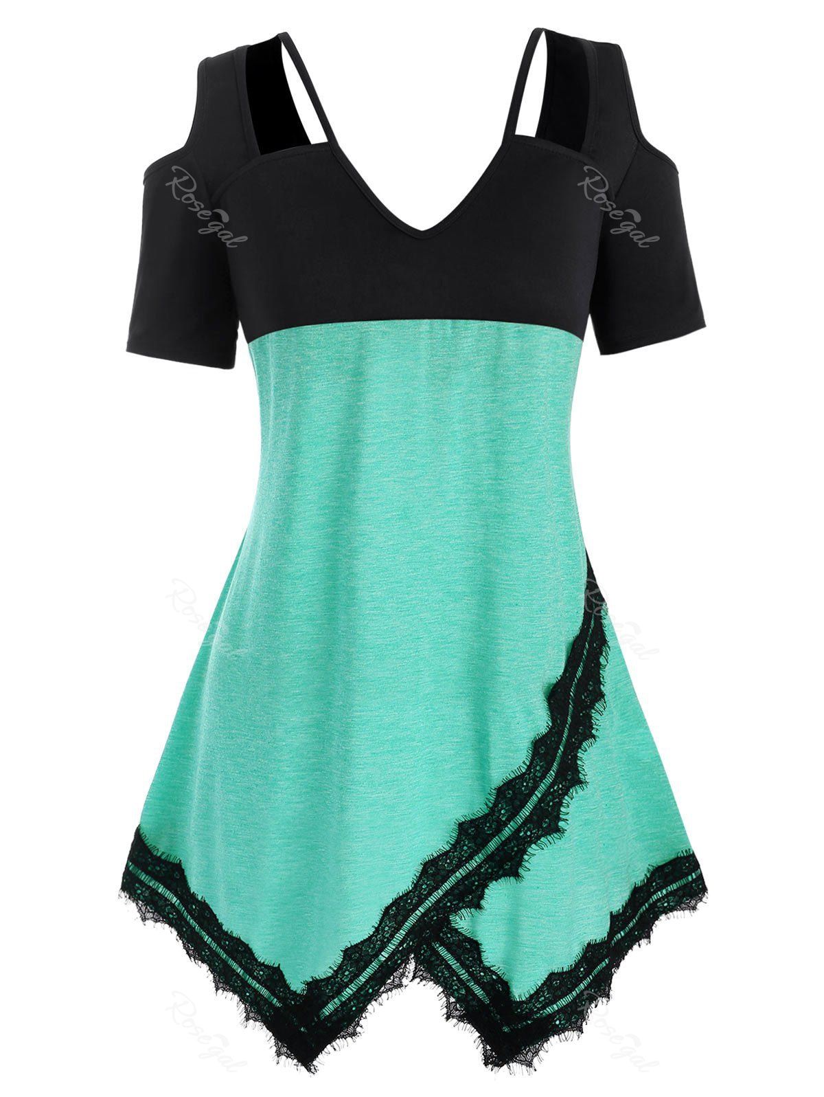 

Plus Size Cold Shoulder Eyelash Lace Cutout T Shirt, Green