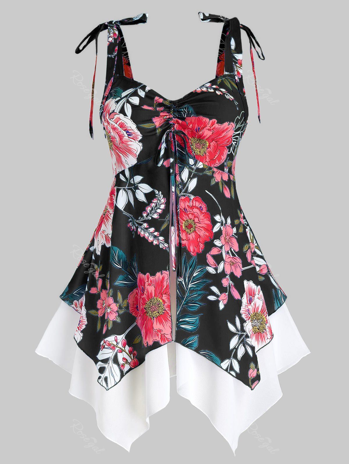 

Plus Size Floral Print Layered Tank Top, Black