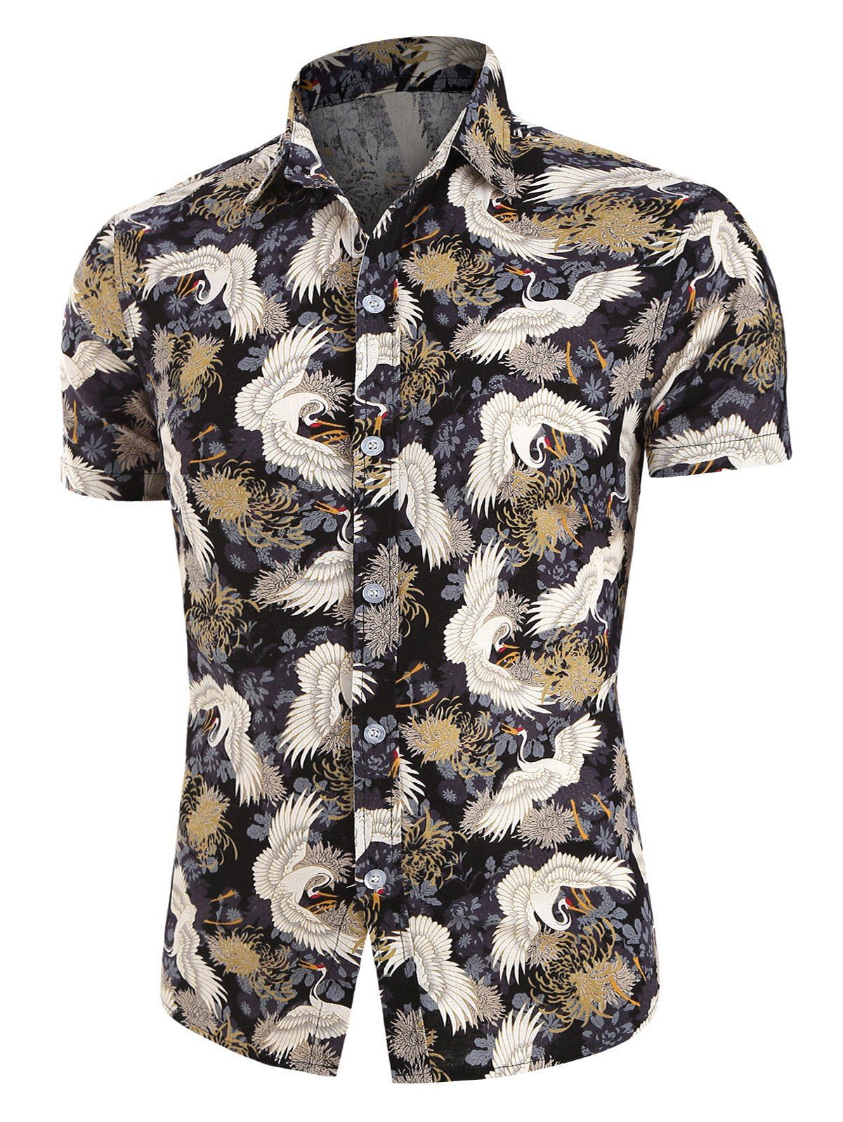 

Chinese Cranes Print Linen Short Sleeve Shirt, Multi-a