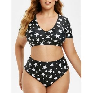 

Plus Size Stars Print High Rise Two Piece Swimwear, Black