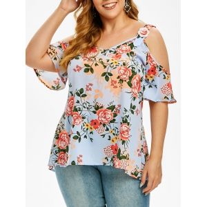 

Plus Size Cold Shoulder High Low Floral Blouse, Day sky blue