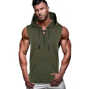 

Kangaroo Pocket Lace-up Hooded Tank Top, Deep green