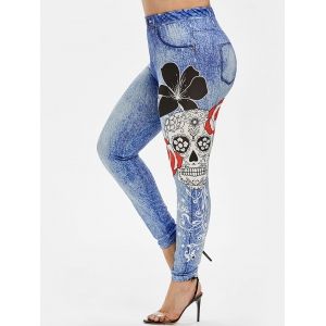 

Plus Size Flower Skull 3D Print High Waisted Jeggings, Deep blue