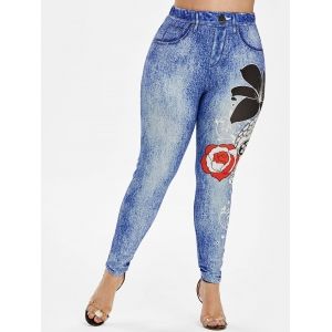 

Plus Size Flower Skull 3D Print High Waisted Jeggings, Deep blue