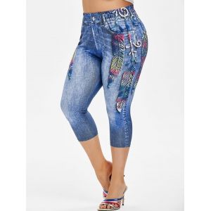 

Plus Size Feather 3D Print High Rise Capri Jeggings, Blue gray