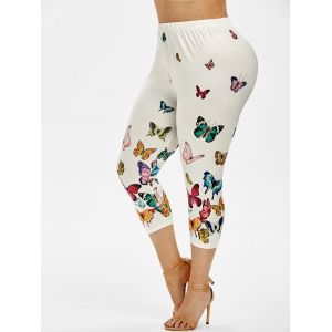 

Plus Size Butterfly Print Capri Leggings, White