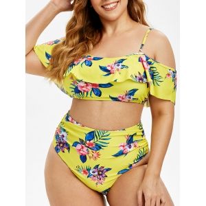 

Plus Size Cold Shoulder Floral Print Ruffled Two Piece Swimwear, Yellow