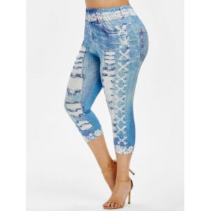 

Plus Size 3D Jean Print Capri Leggings, Light blue
