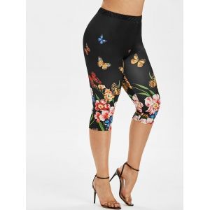 

Plus Size Flower Butterfly Print High Waisted Capri Leggings, Black