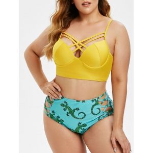 

Plus Size Lizard Print Cross Push Up High Waisted Tankini Swimwear, Multi