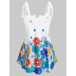 

Plus Size Flower Print Applique Tie Strap Backless Tank Top, White