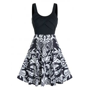 

Front Pleated Flower Print Cami A Line Dress, Black
