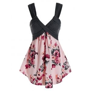 

Plus Size Flower Print Backless Low Cut Tunic Tank Top, Light pink