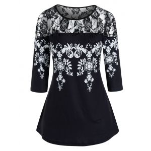 

Plus Size Lace Panel See Thru Printed Yoke Tunic Tee, Black