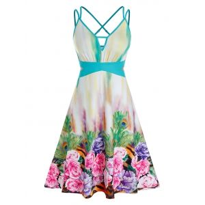 

Plus Size Flower Peacock Feather Criss Cross Midi Dress, Light aquamarine