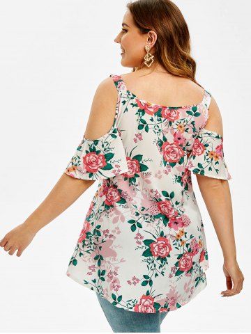 

Plus Size Cold Shoulder High Low Floral Blouse, Pig pink