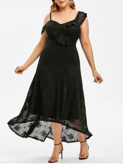 Plus Size Lace Asymmetric High Low Dress - BLACK - L